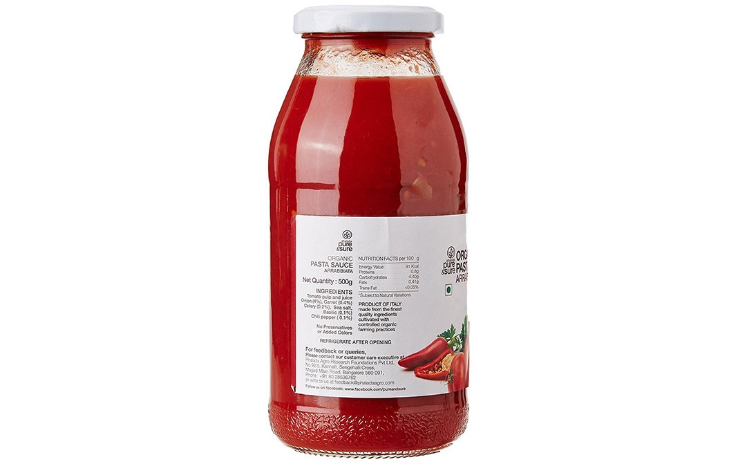 Pure & Sure Organic Pasta Sauce Arrabbiata   Glass Bottle  500 grams